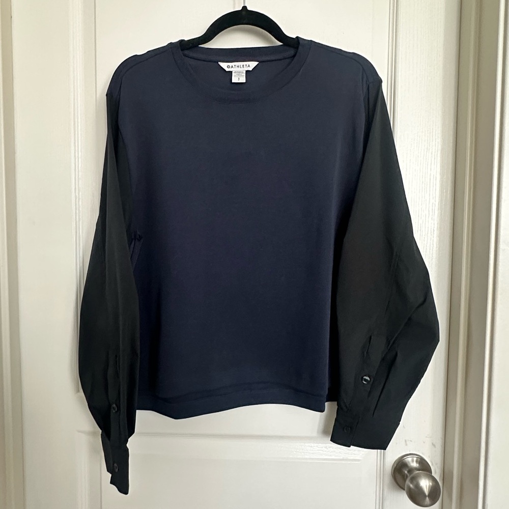 Athleta Mixed Material Crew Neck Top Blue Black Size Small